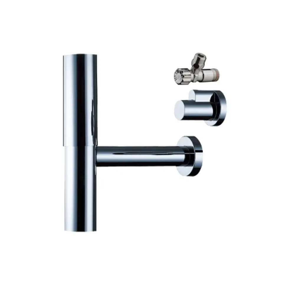 Designsiphon aus verchromtem Material, bestehend aus einem vertikalen und einem horizontalen Abschnitt sowie einer Wandhalterung. Produkt von Hansgrohe.